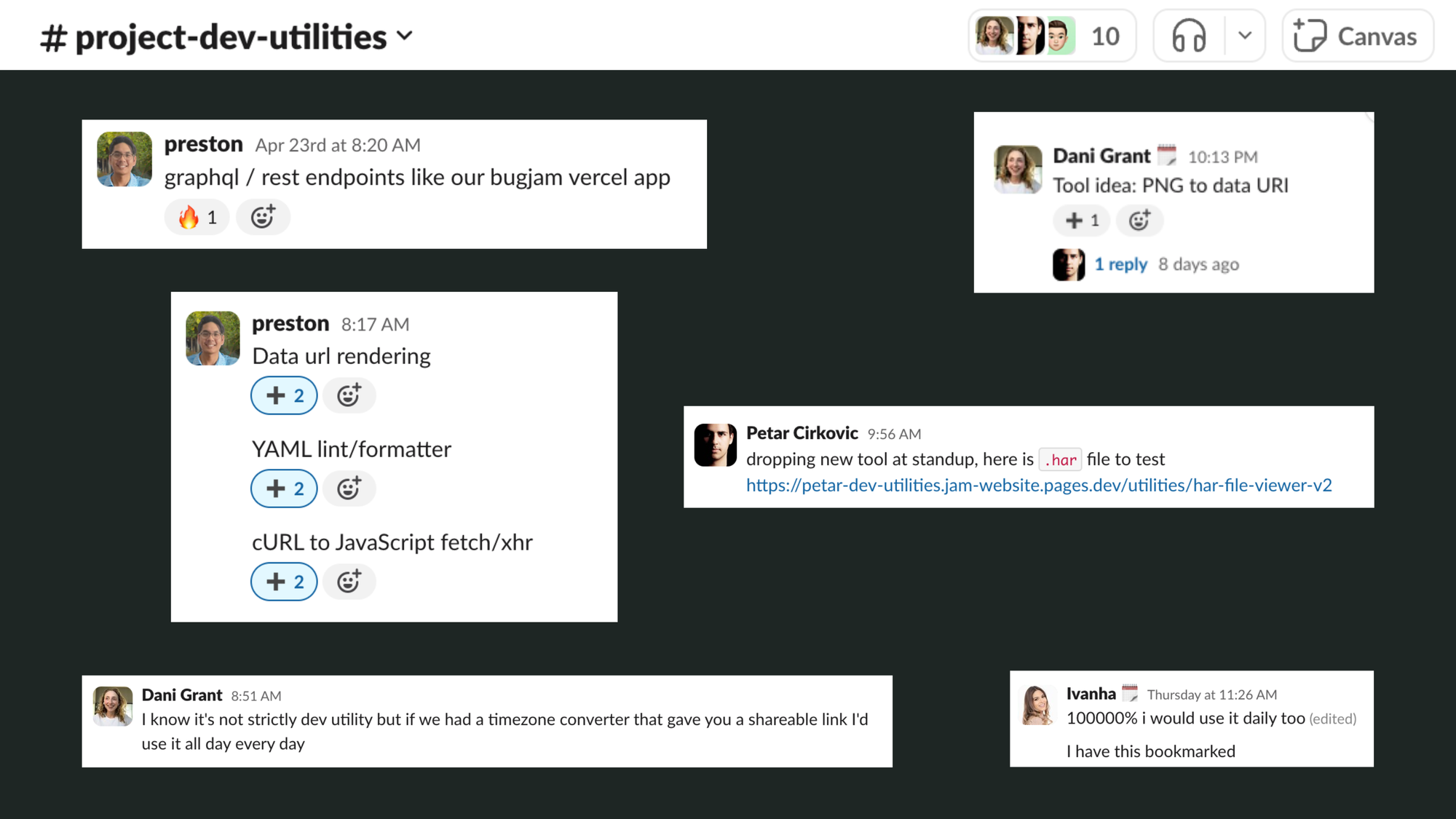 Slack messages from Jam team about the utils they use and which ones to build first